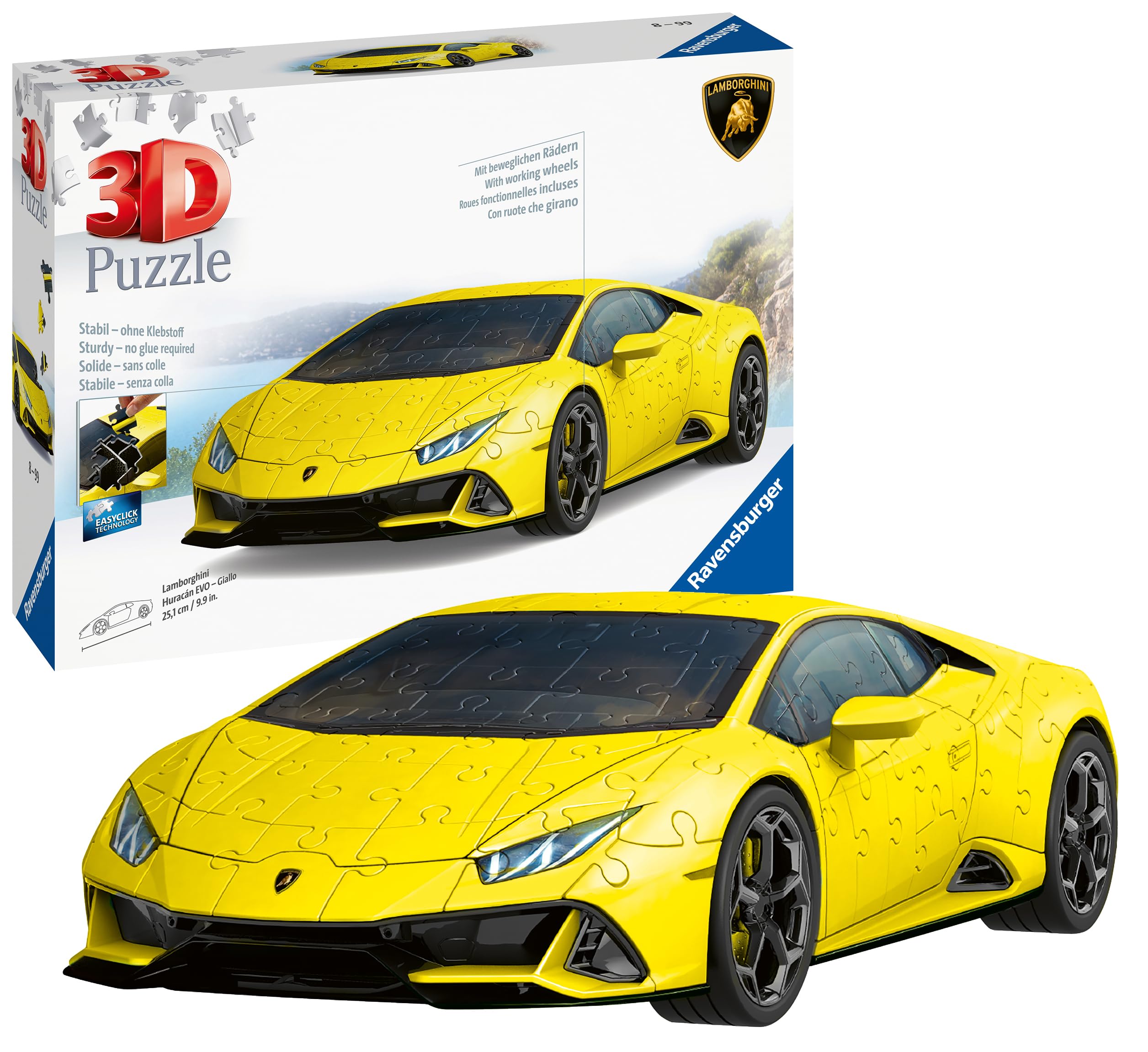Ravensburger - Puzzle 3D Véhicules - Lamborghini Huracan Evo, édition Jaune avec Grille de Construction - A partir de 8 Ans - 108 pièces numérotées à Assembler sans Colle - Accessoires Inclus - 11562