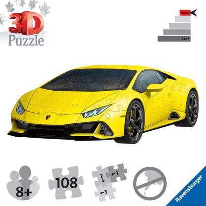 Ravensburger - Puzzle 3D Véhicules - Lamborghini Huracan Evo, édition Jaune avec Grille de Construction - A partir de 8 Ans - 108 pièces numérotées à Assembler sans Colle - Accessoires Inclus - 11562