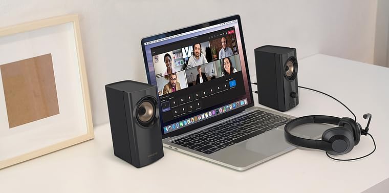 CREATIVE T60 2.0 Compact Hi-Fi Desktop Speakers with Clear Dialog and Surround by Sound Blaster, SmartComms Kit, USB-C Audio, Mic and Headset Ports, Bluetooth 5.0