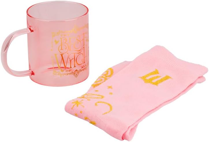 Paladone Wicked Movie Glass Mug & Socks Gift Set - Officially Licensed Disney Gift for Wicked Fans, Pink Tinted The Best Witch of All Mug & Cozy Emerald City Ankle Socks