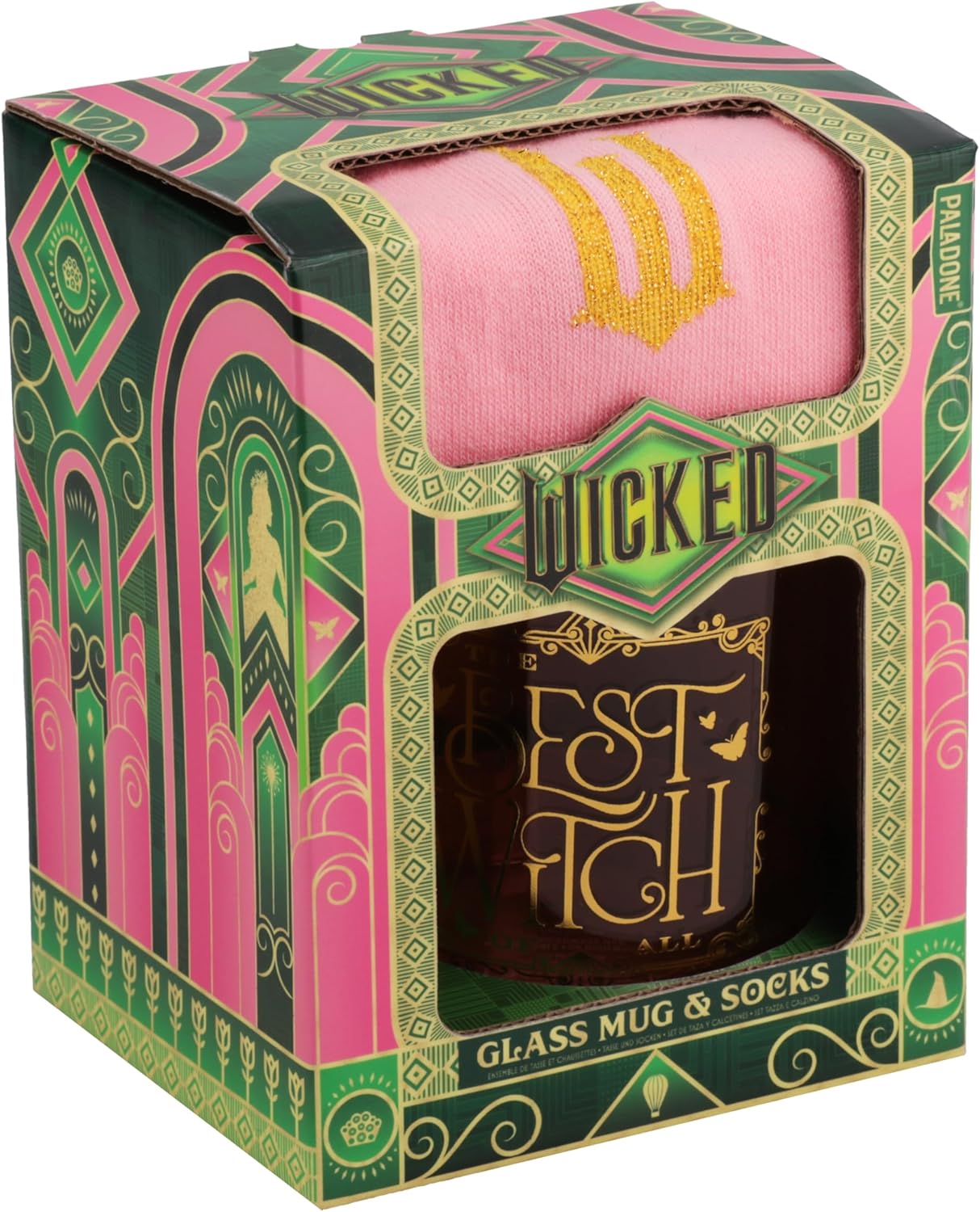 Paladone Wicked Movie Glass Mug & Socks Gift Set - Officially Licensed Disney Gift for Wicked Fans, Pink Tinted The Best Witch of All Mug & Cozy Emerald City Ankle Socks