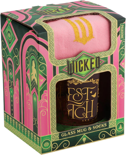 Paladone Wicked Movie Glass Mug & Socks Gift Set - Officially Licensed Disney Gift for Wicked Fans, Pink Tinted The Best Witch of All Mug & Cozy Emerald City Ankle Socks