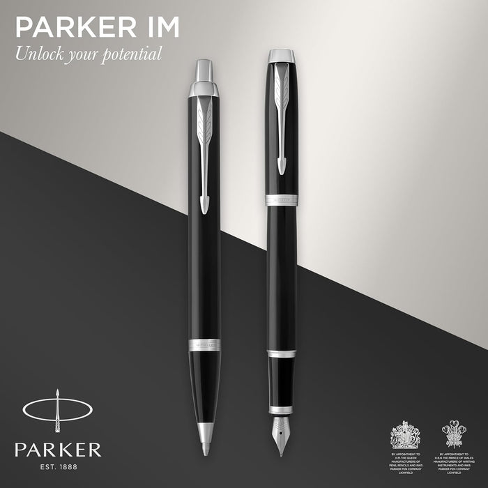 Parker IM Duo Pen Gift Set | Penna stilografica, penna a sfera e astuccio per penna | Finitura laccata nera con finiture cromate | Punta media | Ricariche di inchiostro blu | Regali di laurea perfetti