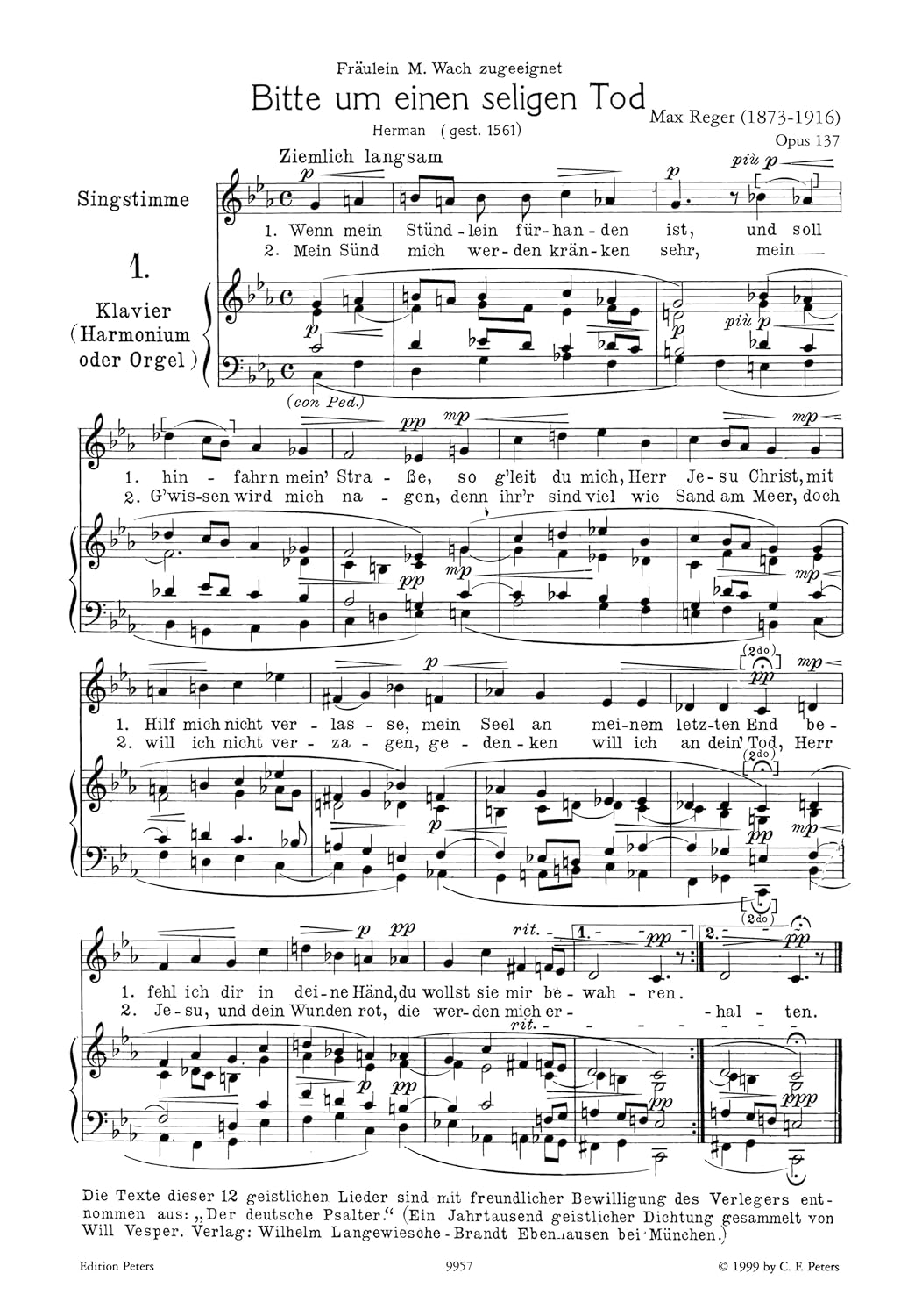 Reger: 12 Geistliche Lieder Op. 137 (Medium Voice and Piano) (EP3452)