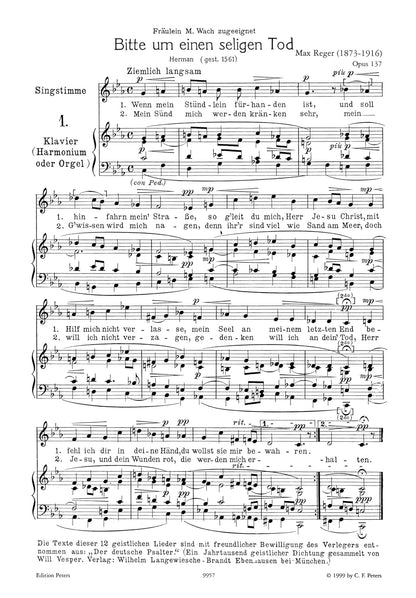 Reger: 12 Geistliche Lieder Op. 137 (Medium Voice and Piano) (EP3452)