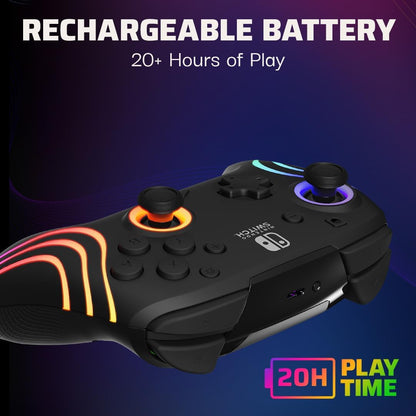 PDP Gaming Afterglow Wave Wireless Nintendo Switch Pro Controller - Officially Licensed, Nintendo Switch 2, Switch Lite/OLED, RGB LED Customization, App Controls, Rechargeable Battery Power - Black