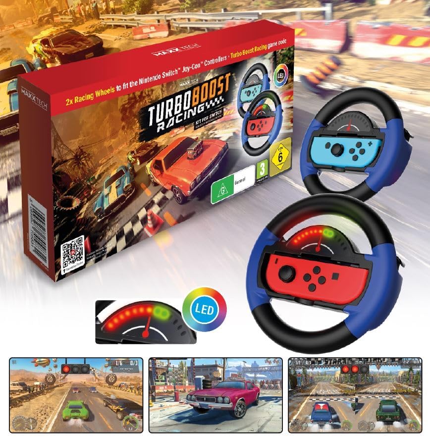 Maxx Tech Turbo Boost Racing Kit for Switch - Includes: Turbo Boost Racing downloadable code in box; 2x Turbo LED Racing Wheels