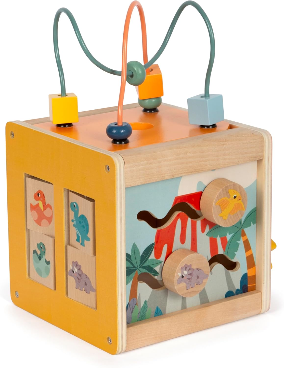 small foot Motor Dino, Activity Cube Made of FSC 100%-Certified Wood, for Ages 12+ Months, 12618, Coloured
