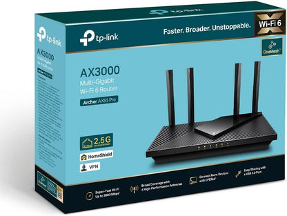TP-Link AX3000 Multi-Gigabit Wi-Fi 6 Router with 2.5G Port, Dual-Band, OneMesh™ /VPN Supported, USB 3.0 Port, Qualcomm CPU, Ideal for Gaming Xbox/PS4/8K Steam, TP-Link HomeShield (Archer AX55 Pro)