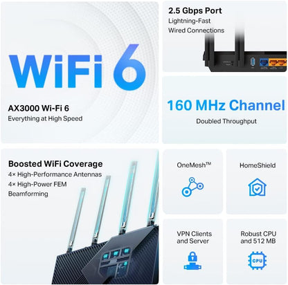 TP-Link AX3000 Multi-Gigabit Wi-Fi 6 Router with 2.5G Port, Dual-Band, OneMesh™ /VPN Supported, USB 3.0 Port, Qualcomm CPU, Ideal for Gaming Xbox/PS4/8K Steam, TP-Link HomeShield (Archer AX55 Pro)