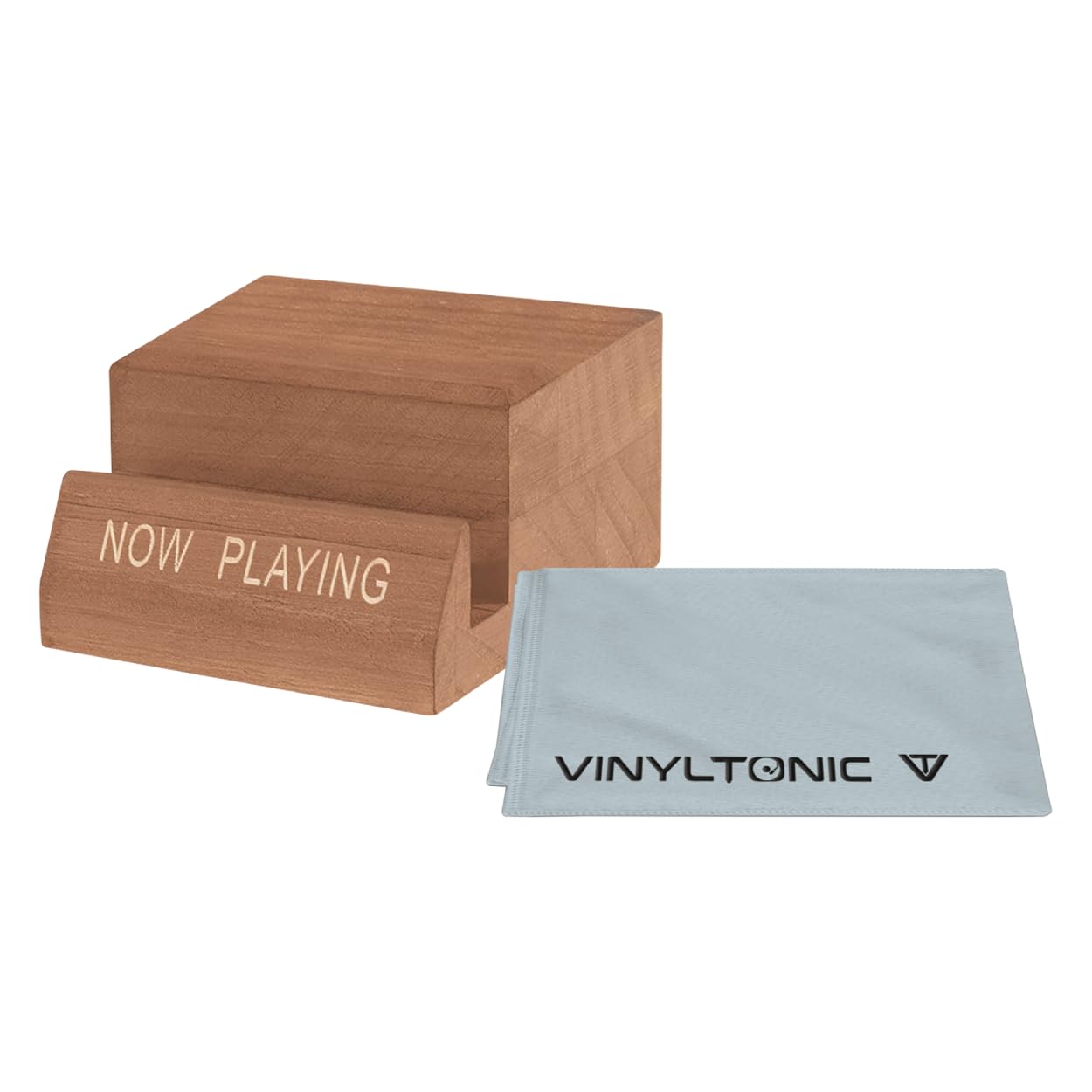 'NOW PLAYING' Wooden Vinyl Record Stand Display Stand | Bonus Microfibre Cloth