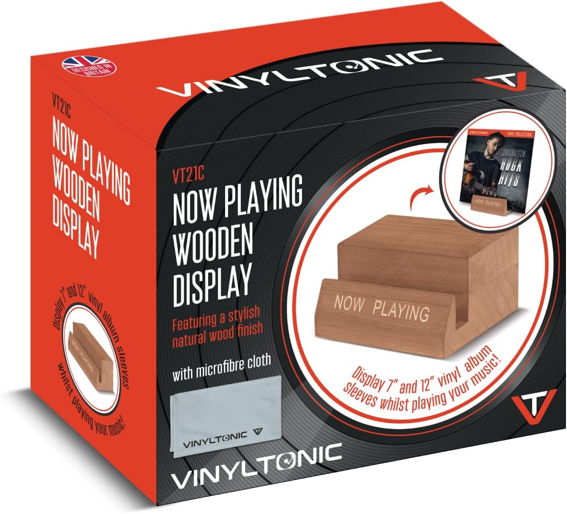 'NOW PLAYING' Wooden Vinyl Record Stand Display Stand | Bonus Microfibre Cloth