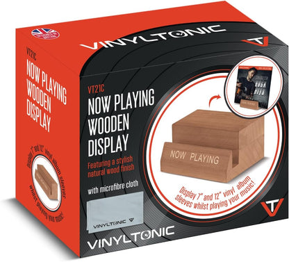'NOW PLAYING' Wooden Vinyl Record Stand Display Stand | Bonus Microfibre Cloth