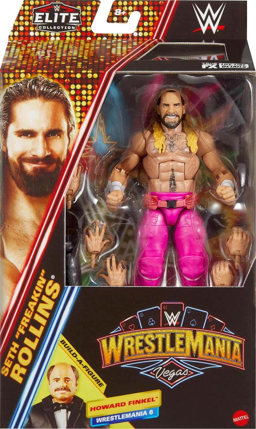 WWE Mattel Elite Collection Action Figure & Accessories, Premium Live Event Seth “Freakin” Rollins Set, WrestleMania with Howard Finkel Build-A-Figure Parts, JCJ51