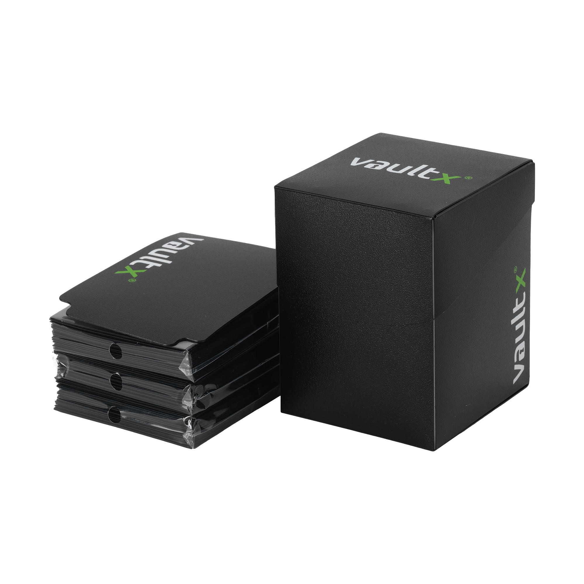 Vault X Large Deck Box with Self-Securing Lid and 150 Easy Shuffle Sleeves - Spacious Portable Holder Fits Over 100 Sleeved Cards - PVC Free Box and Sleeves (Black