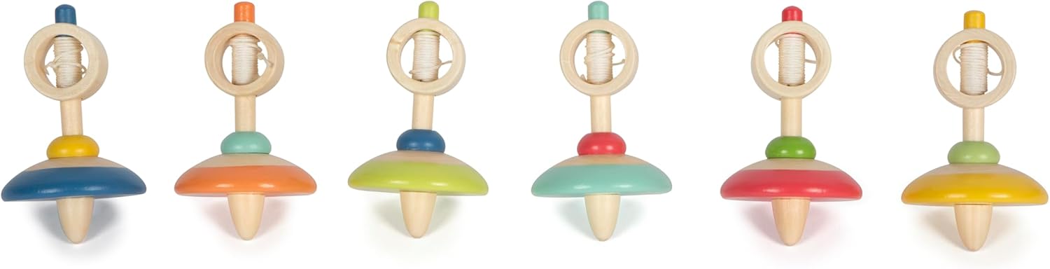 small foot houten tol met touwtje, 12 kleurrijke houten tollen, ideaal cadeau voor kinderen vanaf 3 jaar, 12605