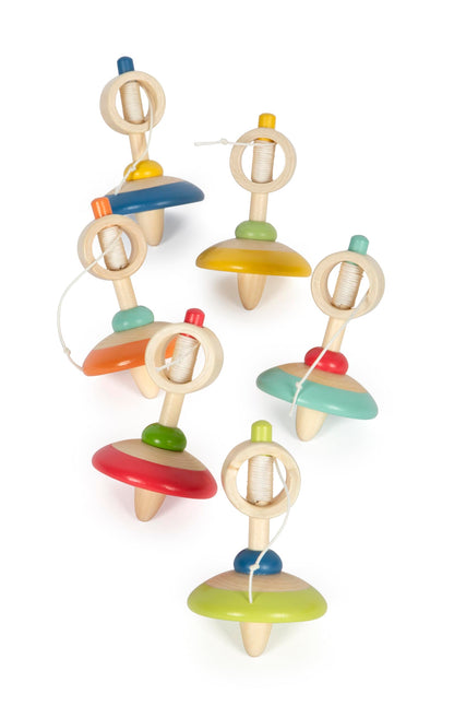 small foot houten tol met touwtje, 12 kleurrijke houten tollen, ideaal cadeau voor kinderen vanaf 3 jaar, 12605