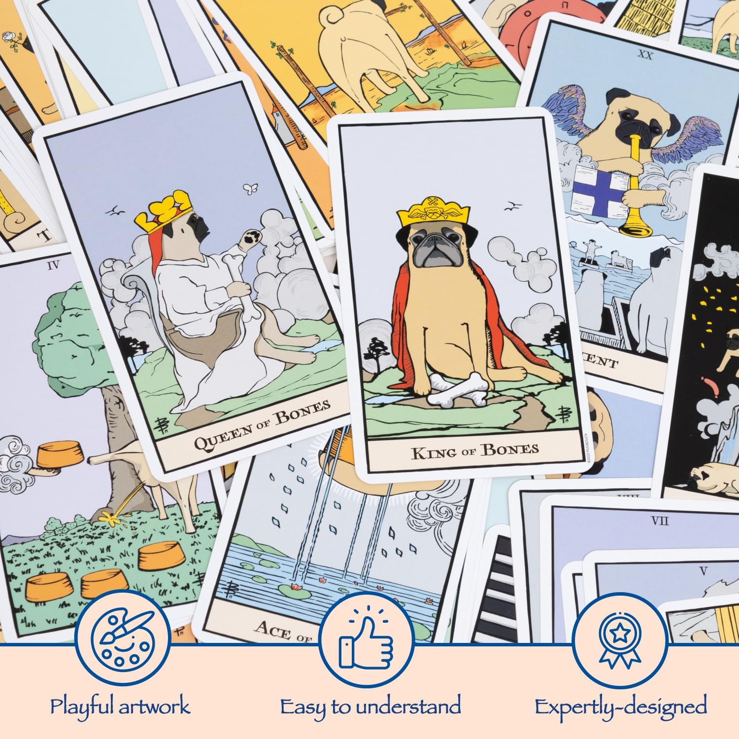 Thames & Kosmos Pug Tarot, Tarot Cards with Funny Dog Illustrations, Easy-to-Use Tarot Cards Deck, Family Games for Adults and Kids, Age 12+