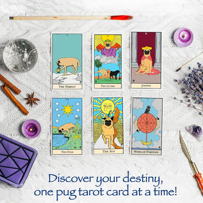 Thames & Kosmos Pug Tarot, Tarot Cards with Funny Dog Illustrations, Easy-to-Use Tarot Cards Deck, Family Games for Adults and Kids, Age 12+
