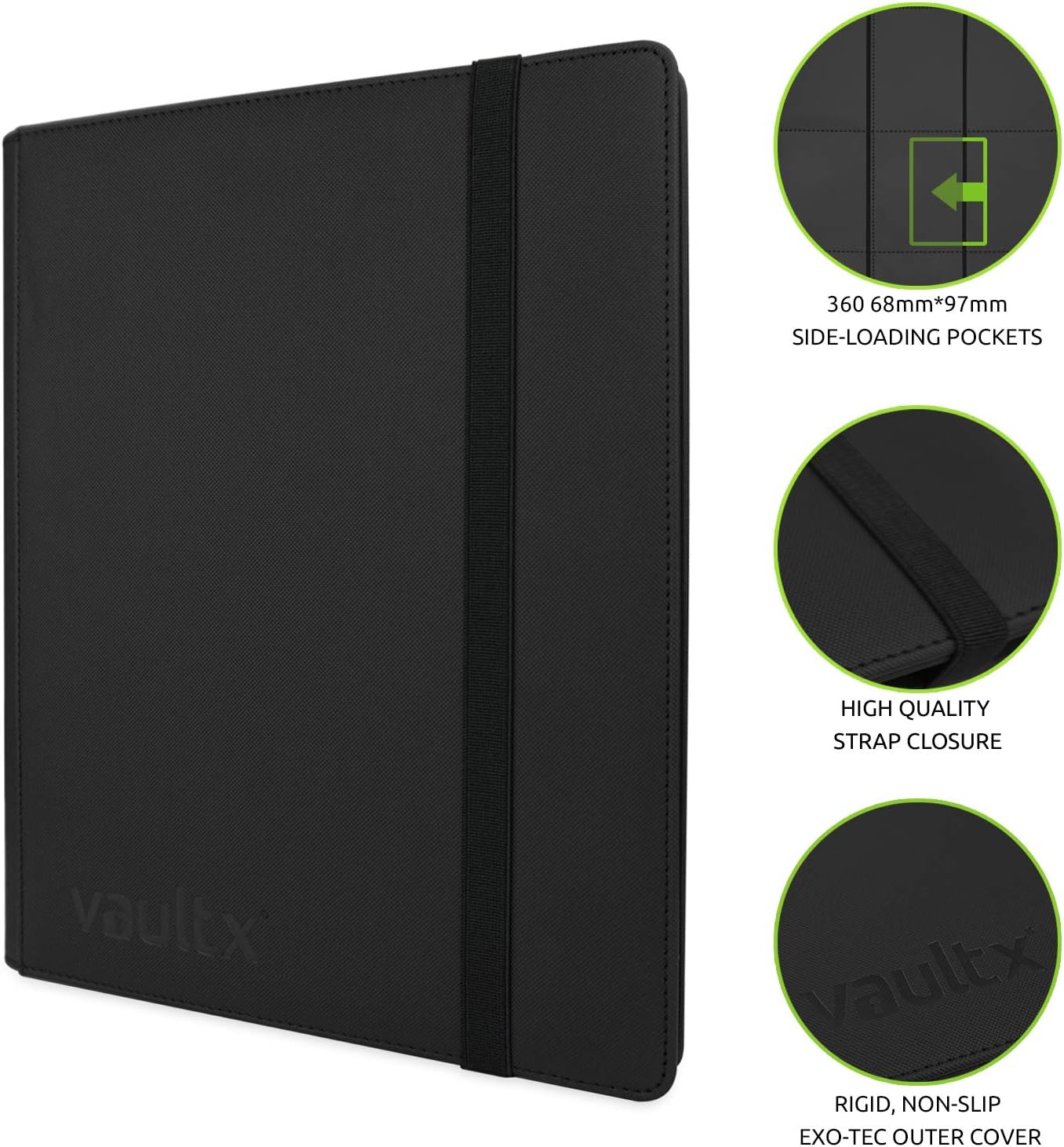 Vault X Premium Exo-Tec Strap Binder - 9 Pocket Trading Card Album Folder - 360 Side Loading Pocket Binder for TCG (Black