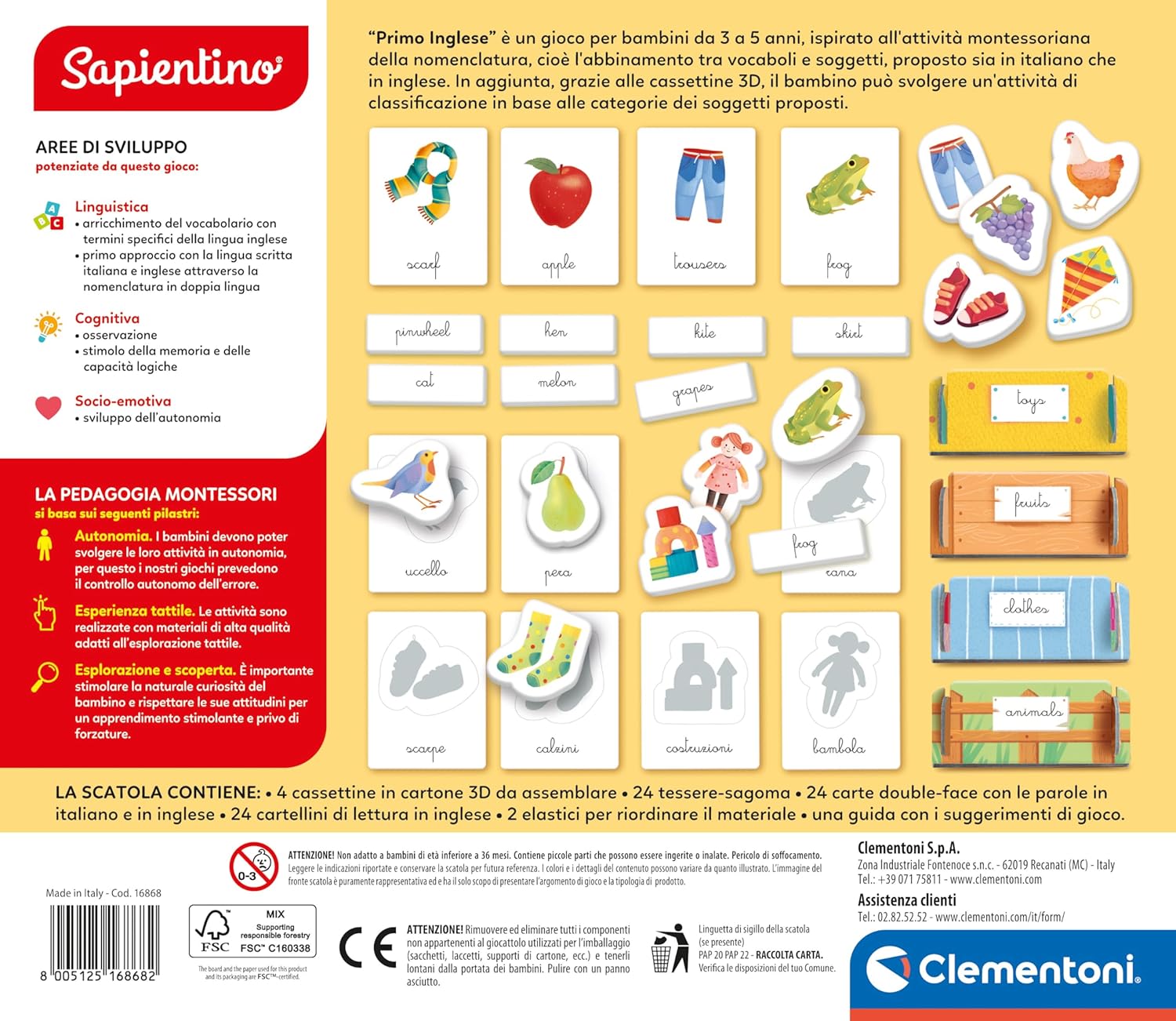 Clementoni - Sapientino Primo Montessori 3 Years, Educational Game for Learning, English Flashcards for Children, Language Development, Learning Made in Italy, 16868, Multi-Colour