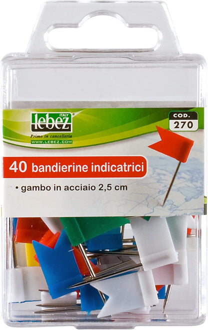 Pins with 40 Coloured Plastic Flags, 1 Piece