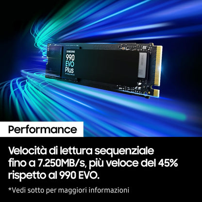Samsung 990 EVO Plus, 1TB, PCIe 4.0 x4 / 5.0 x2, NVMe2.0 (up to 7150 MB/s), NVMe M.2 (2280), Internal Solid State Drive (SSD), MZ-V9S1T0BW