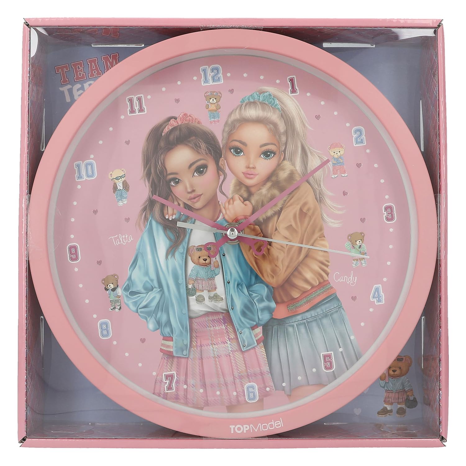 Depesche 13228 TOPModel Team Wall Pink for Children, with Model Motif and Teddy Bear, Silent Clock, Battery Included, Multicolour, One Size