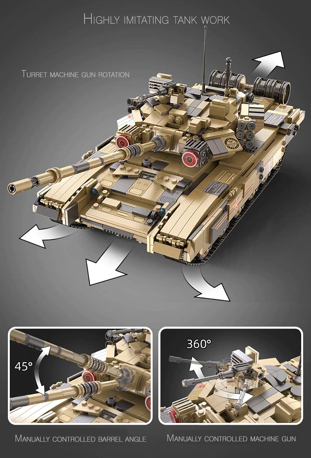 CaDA Russian T-90 Battle Tank 1:21 (45 cm), Sand Colour, 360° Swivel Tower, Upgradeable/Motorisable, 1722 Pieces, C61003W
