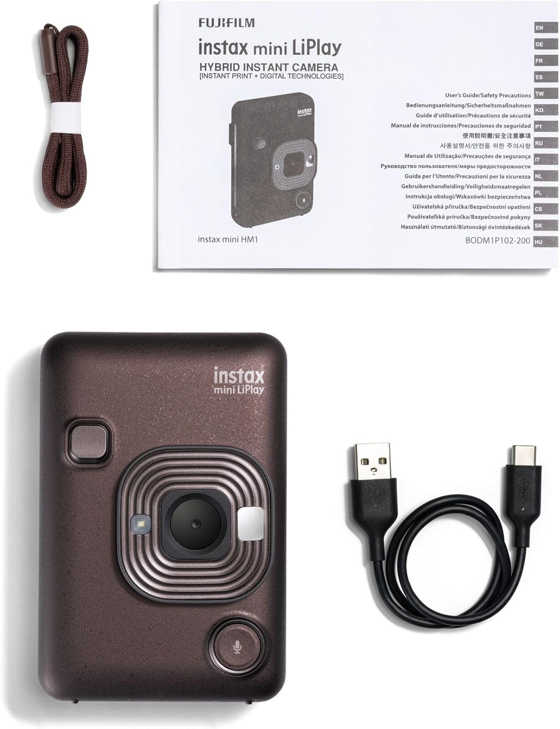 INSTAX mini LiPlay Hybrid instant camera with rear 2.7 inch LCD display screen, Micro SD card slot, USB Type-c charging, Deep Bronze, film sold separately