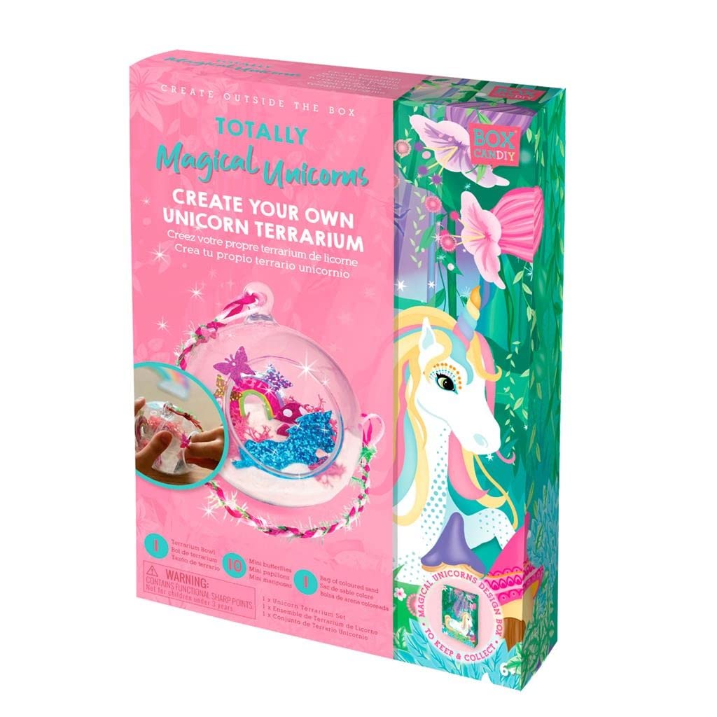 Box Candiy: Totally Magic Unicorn – Create Your Own Terrarium, with 1 Terrarium Bowl, 10 Mini Butterflies and 1 Coloured Sandbag, Gift Box, 5 x 17 x 23 cm, 6+