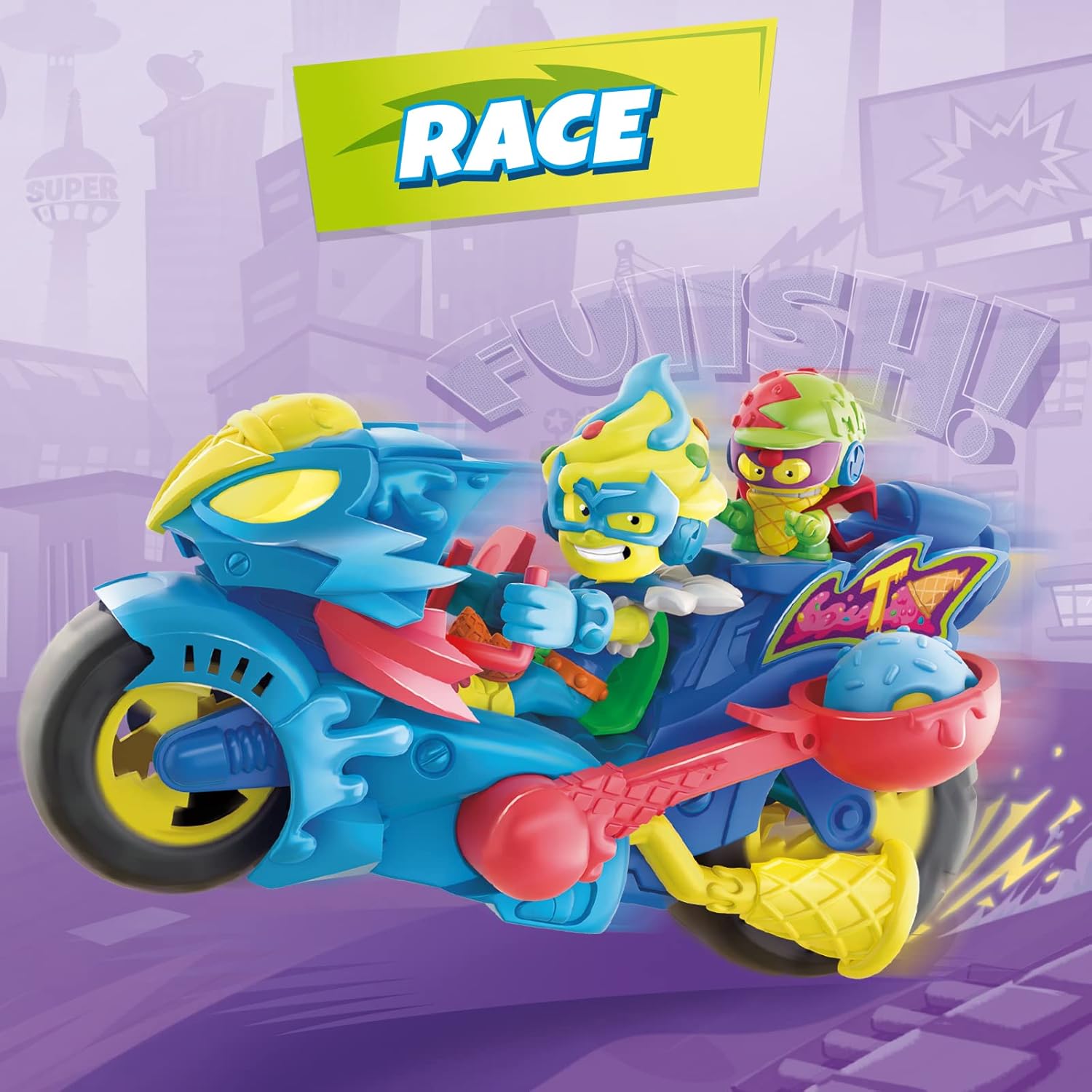 SUPERTHINGS - Turbo Ice. The SuperThings Motorbike with Catapult Launching Balls Of Ice Cream. Includes 1 Exclusive Kazoom Kid And 1 Exclusive SuperThing