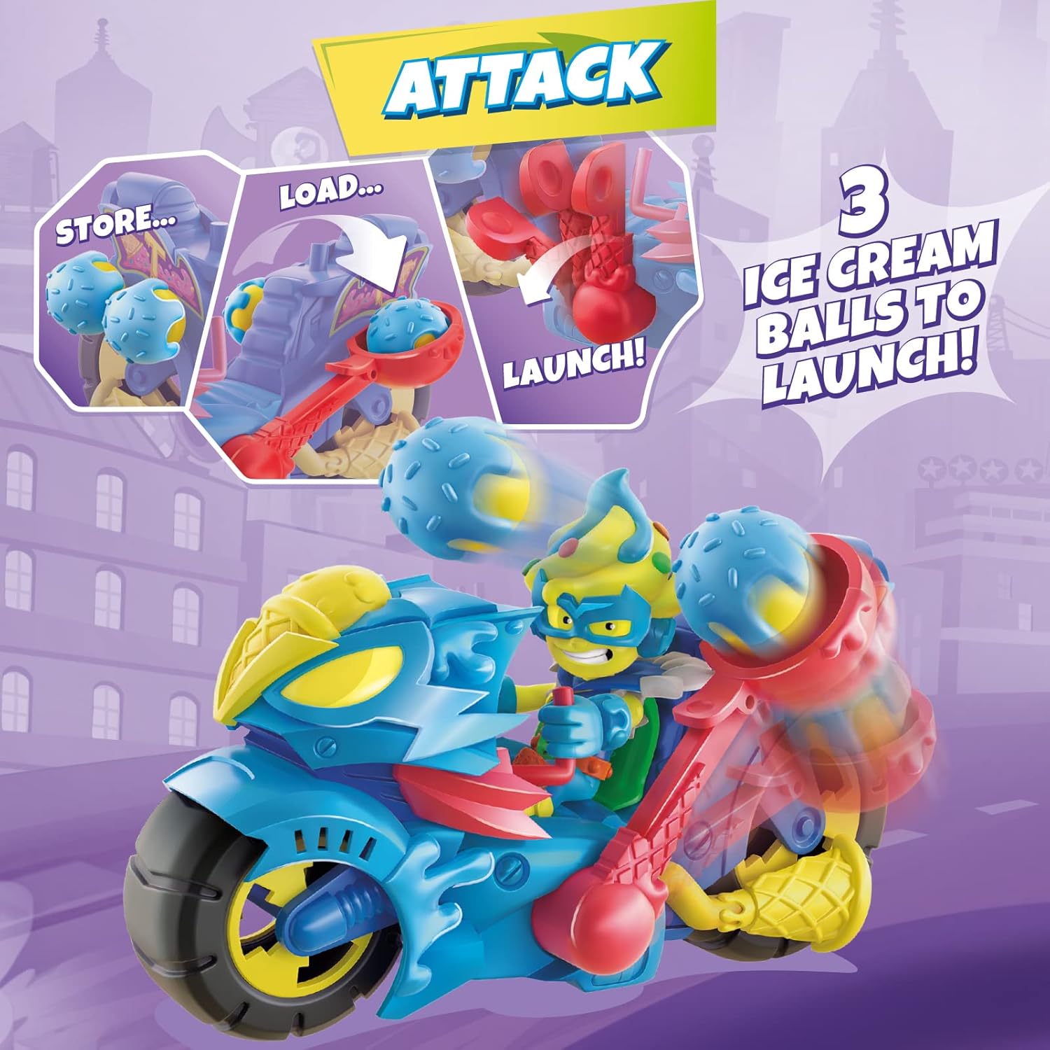 SUPERTHINGS - Turbo Ice. The SuperThings Motorbike with Catapult Launching Balls Of Ice Cream. Includes 1 Exclusive Kazoom Kid And 1 Exclusive SuperThing