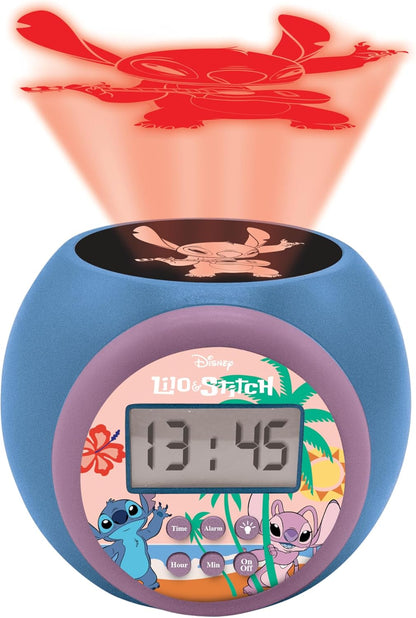 LEXIBOOK, Disney Stitch, Projector alarm clock with snooze function and alarm function, Night light with timer, LCD screen, battery operated, Blue, RL977D