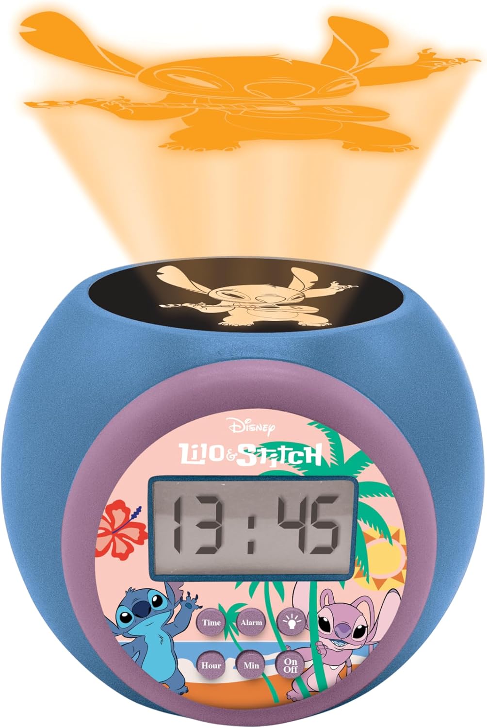 LEXIBOOK, Disney Stitch, Projector alarm clock with snooze function and alarm function, Night light with timer, LCD screen, battery operated, Blue, RL977D