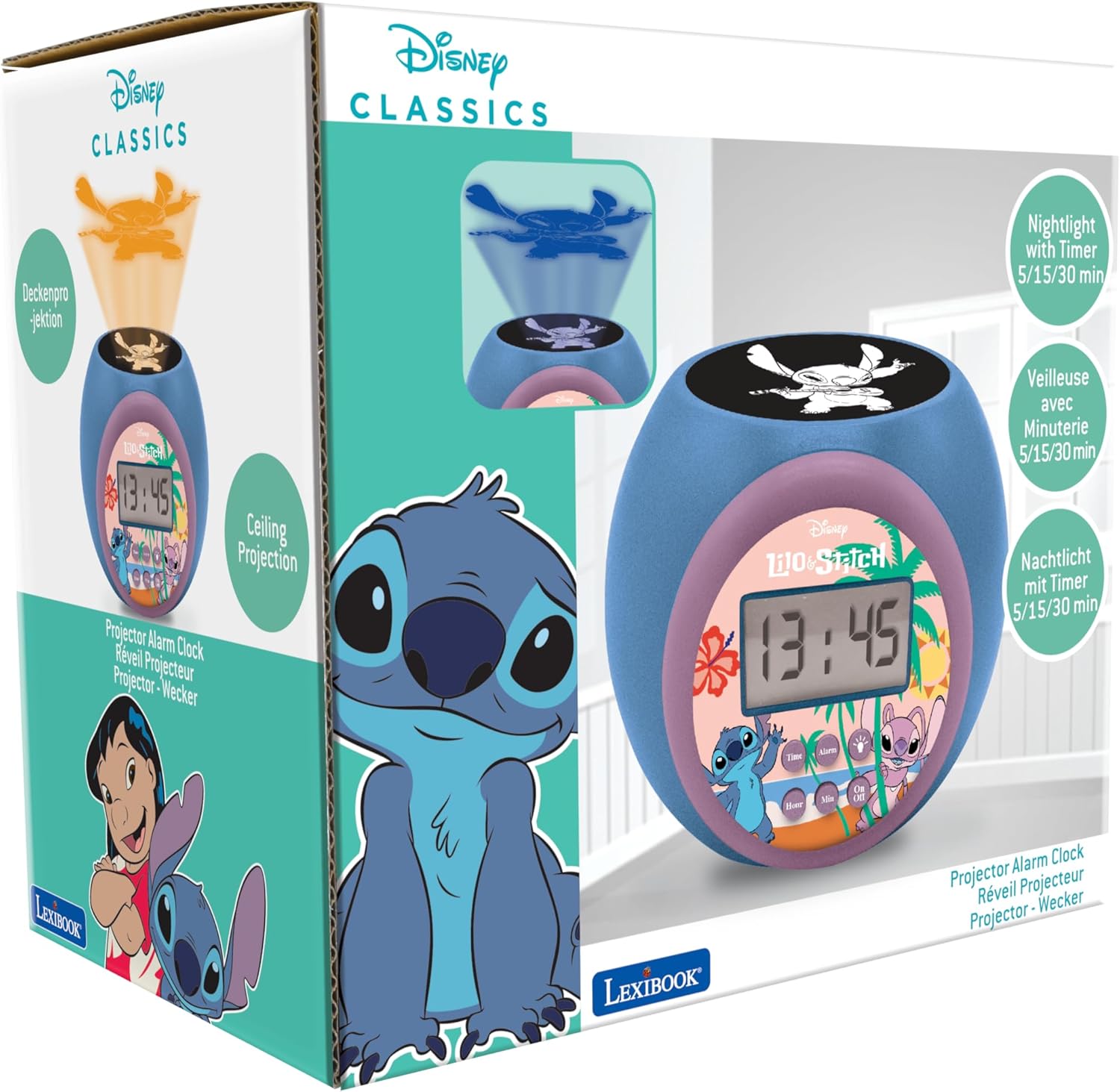 LEXIBOOK, Disney Stitch, Projector alarm clock with snooze function and alarm function, Night light with timer, LCD screen, battery operated, Blue, RL977D