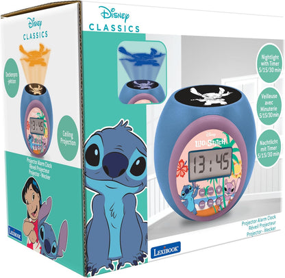 LEXIBOOK, Disney Stitch, Projector alarm clock with snooze function and alarm function, Night light with timer, LCD screen, battery operated, Blue, RL977D