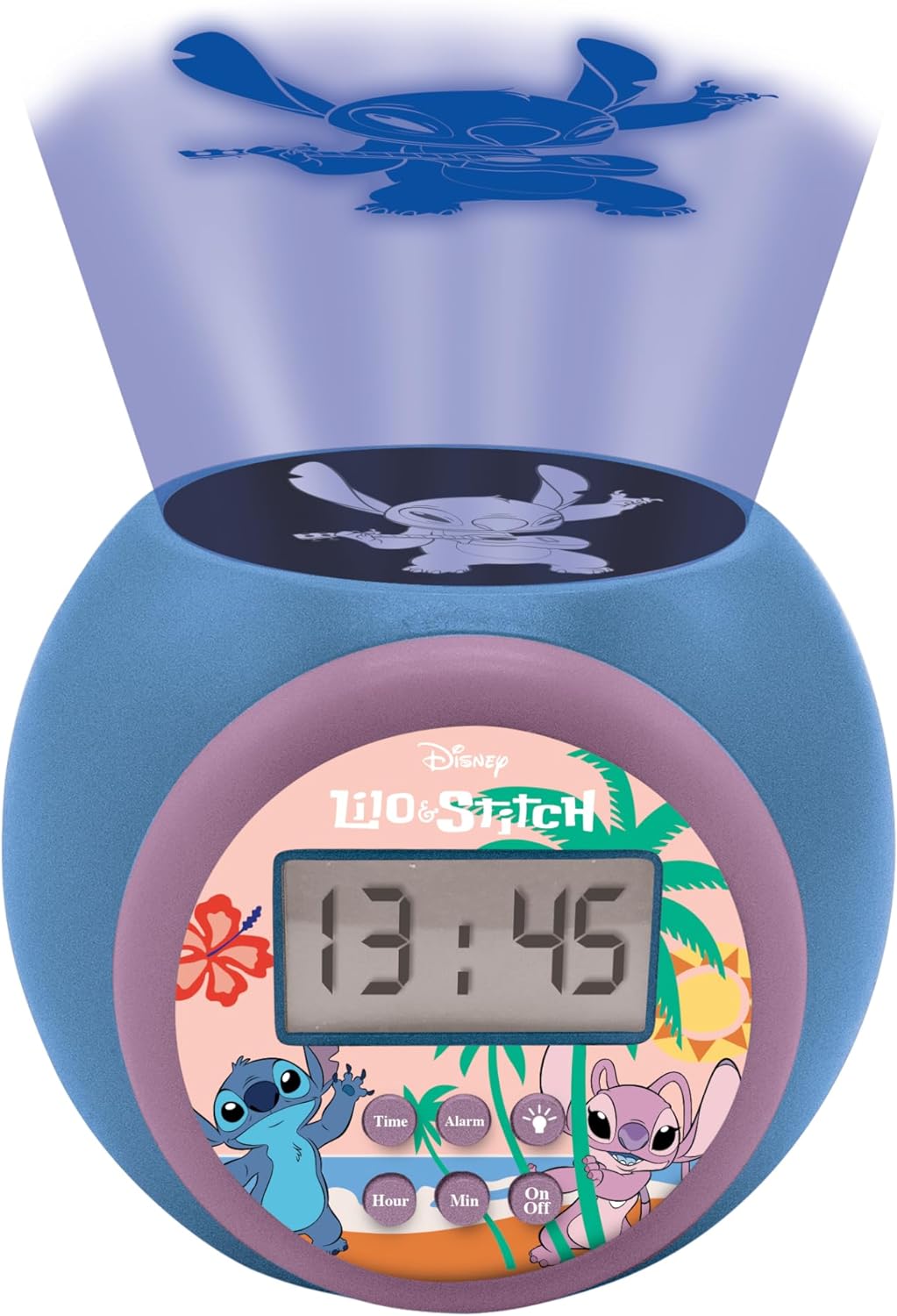 LEXIBOOK, Disney Stitch, Projector alarm clock with snooze function and alarm function, Night light with timer, LCD screen, battery operated, Blue, RL977D