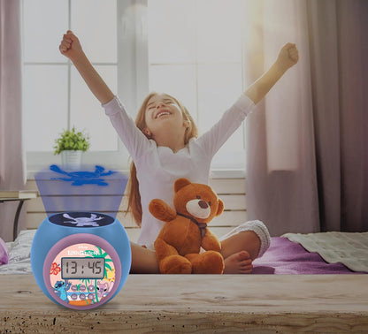 LEXIBOOK, Disney Stitch, Projector alarm clock with snooze function and alarm function, Night light with timer, LCD screen, battery operated, Blue, RL977D