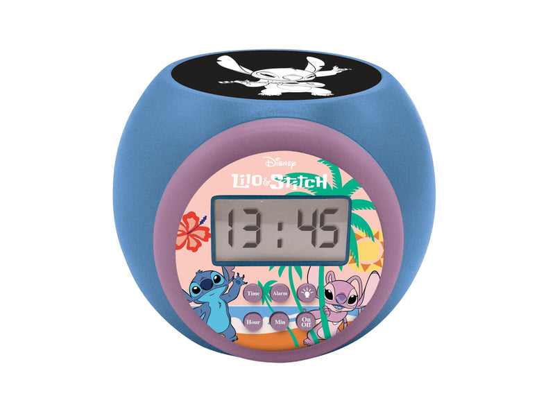 LEXIBOOK, Disney Stitch, Projector alarm clock with snooze function and alarm function, Night light with timer, LCD screen, battery operated, Blue, RL977D