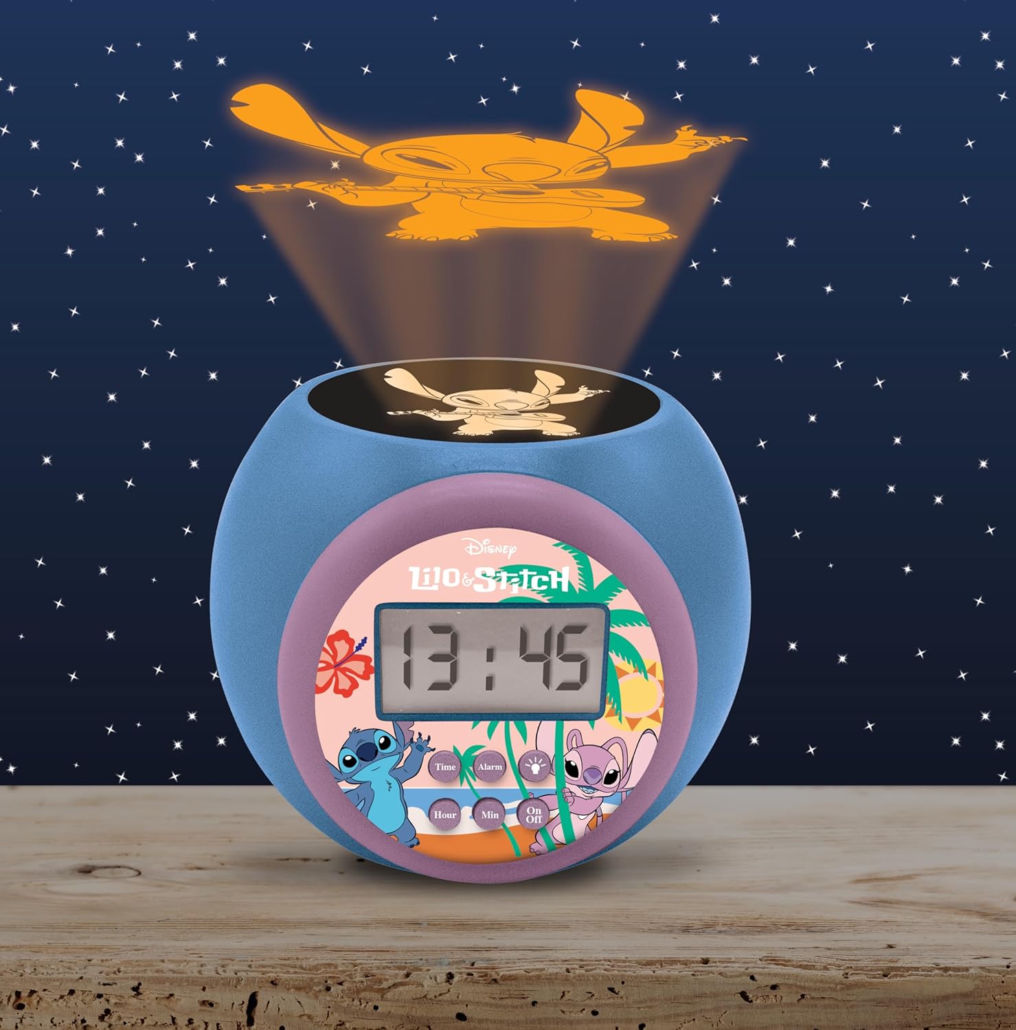LEXIBOOK, Disney Stitch, Projector alarm clock with snooze function and alarm function, Night light with timer, LCD screen, battery operated, Blue, RL977D