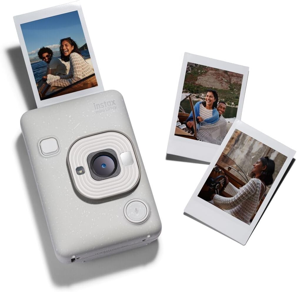 INSTAX mini LiPlay Hybrid instant camera with rear 2.7 inch LCD display screen, Micro SD card slot, USB Type-c charging, Misty White, film sold separately