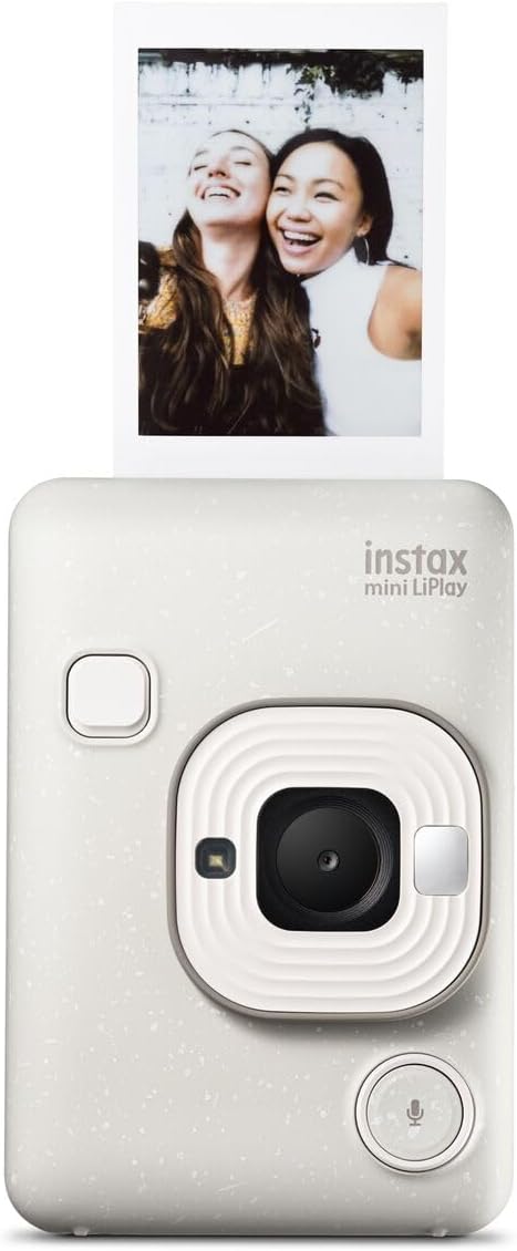 INSTAX mini LiPlay Hybrid instant camera with rear 2.7 inch LCD display screen, Micro SD card slot, USB Type-c charging, Misty White, film sold separately