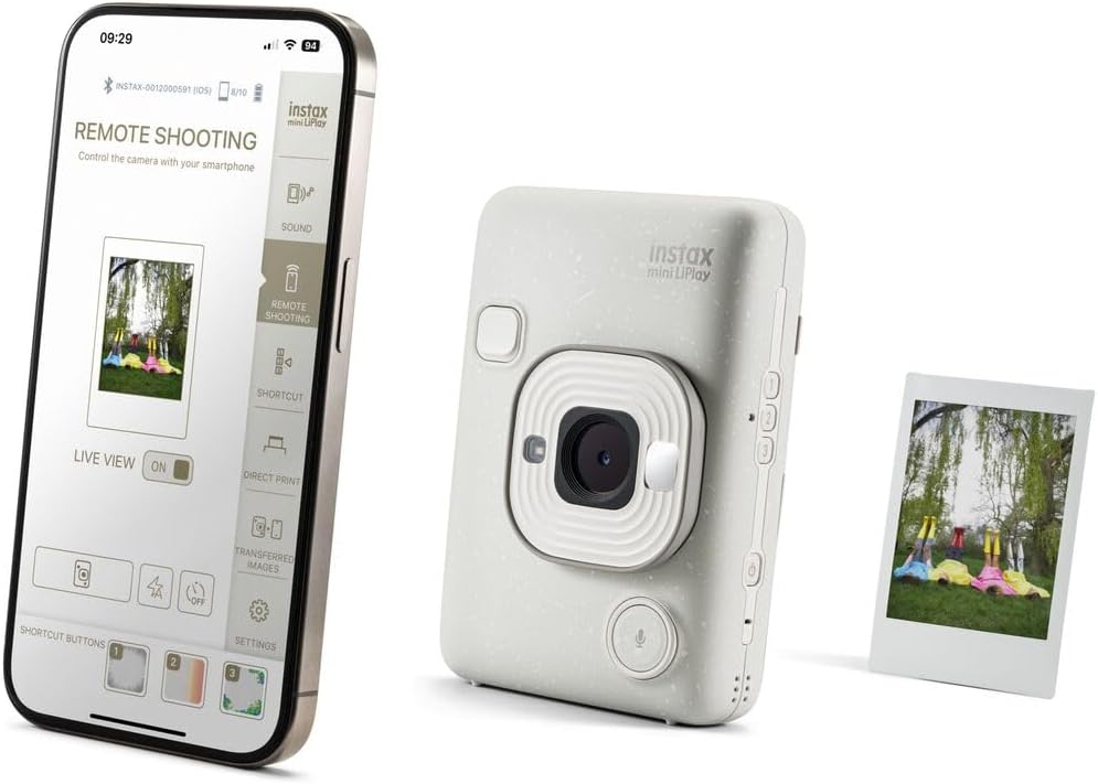 INSTAX mini LiPlay Hybrid instant camera with rear 2.7 inch LCD display screen, Micro SD card slot, USB Type-c charging, Misty White, film sold separately