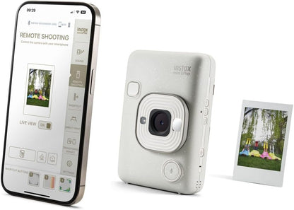 INSTAX mini LiPlay Hybrid instant camera with rear 2.7 inch LCD display screen, Micro SD card slot, USB Type-c charging, Misty White, film sold separately