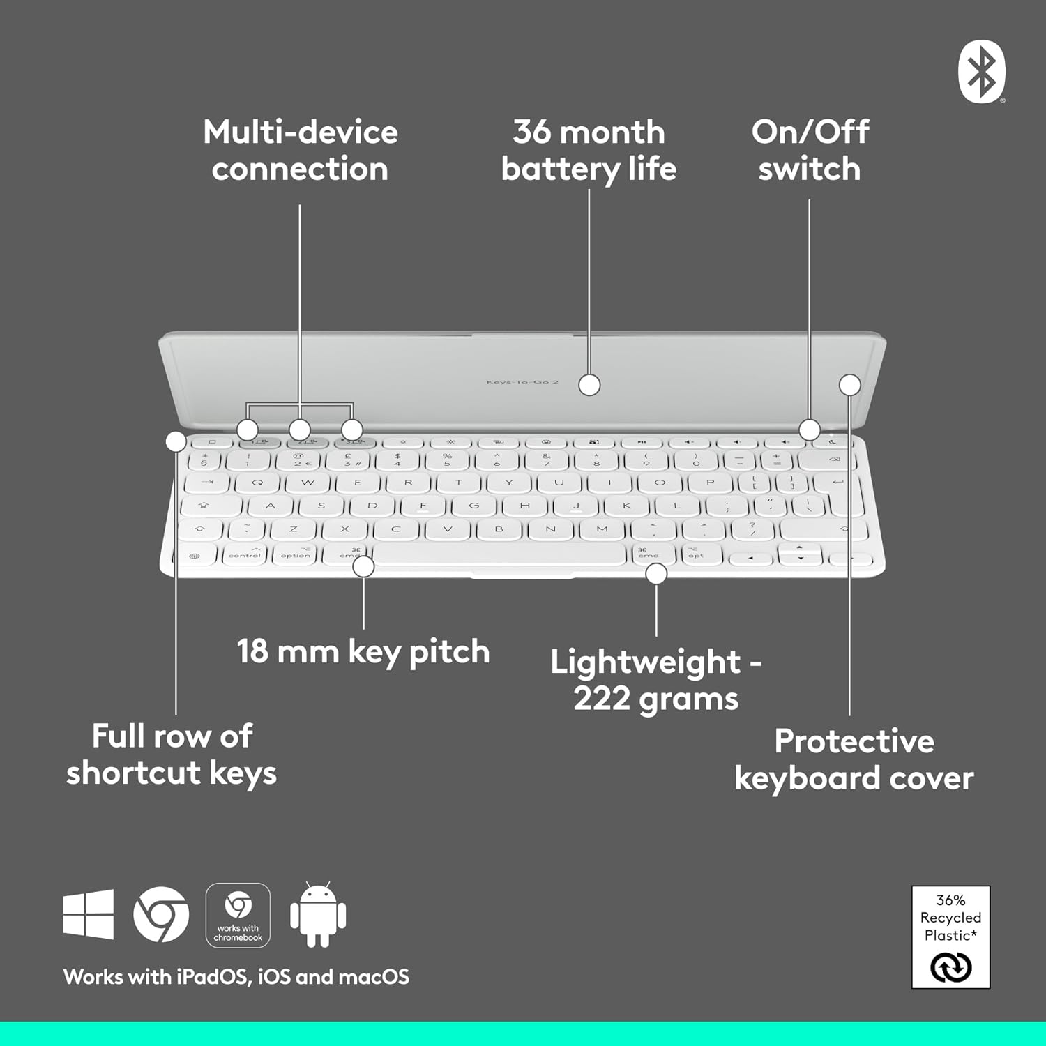 Logitech Keys-To-Go 2 For Ipad - Keyboard - Built-In Cover - Wireless - Bluetooth Le - Qwerty - Uk - Pale Grey