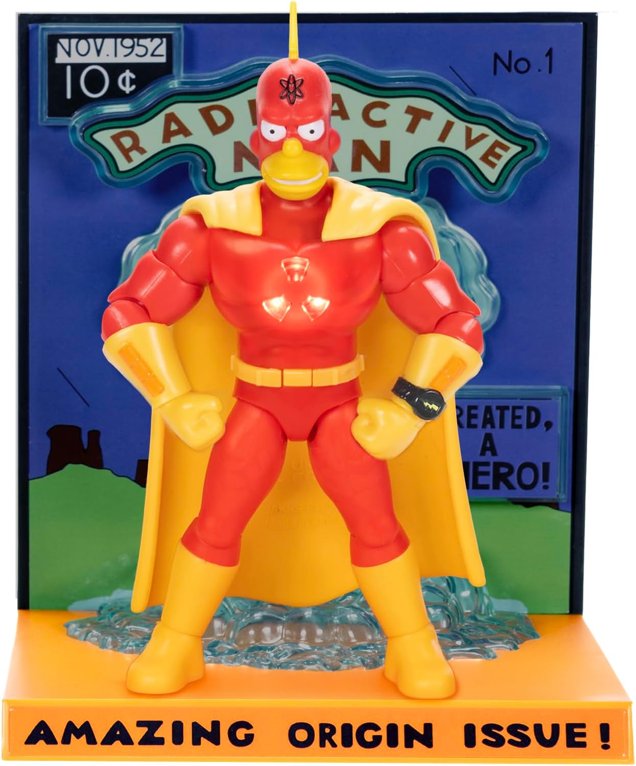 The Simpsons 12.7cm Premium Radioactive Man Collectable Action Figure by JAKKS Pacific, Articulated Action Figure with Light Up Chest, Collector's Display Packaging