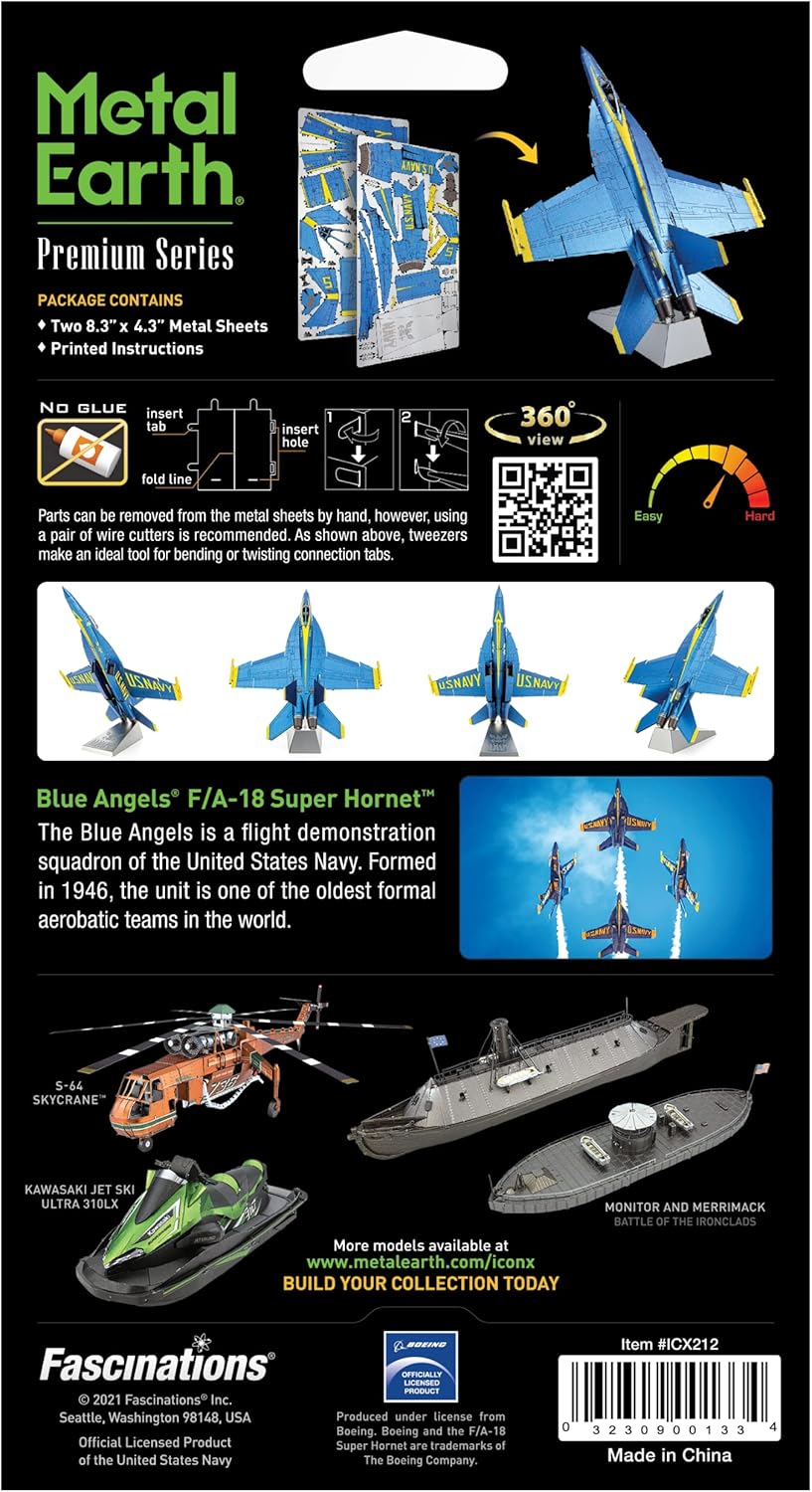Blue Angels F/A-18 Super Hornet: Metal Earth 3D Laser Cut Miniature plane Kit