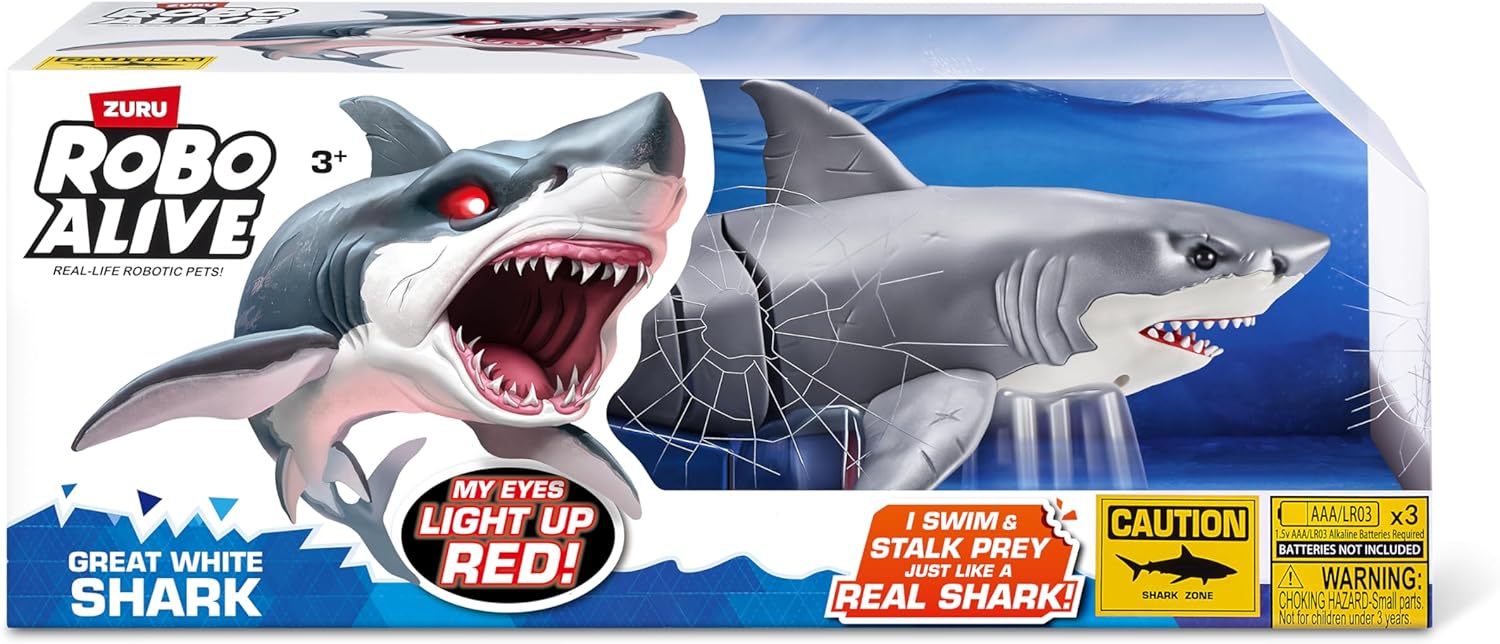 ROBO ALIVE Great White Shark Series 1 by Zuru, Battery-Powered Robotic Light Up Shark Toy, Summer Pool Toy, Bath Toy