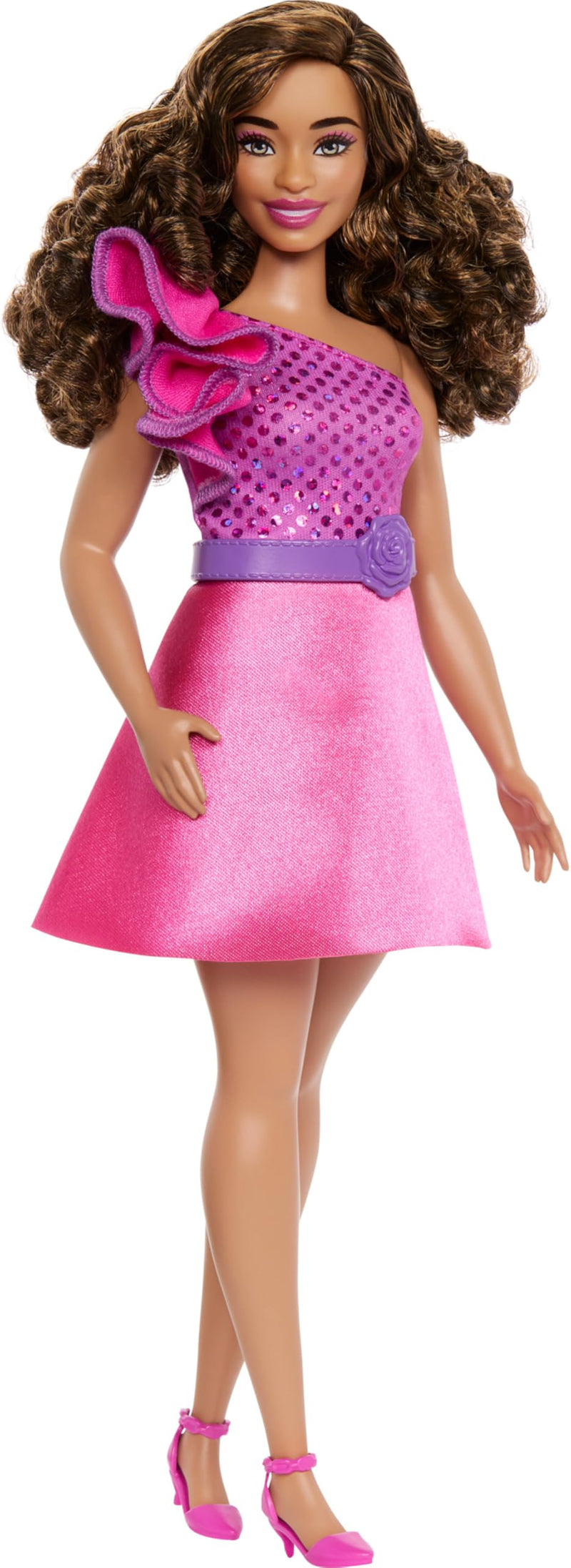 Barbie Fashionistas Pop #225, Type met Lichaamsrondingen en Bruin Haar, Roze, Glinsterende Jurk en Accessoires, 65ste Verjaardag Verzamelbare Modepop, HRH22